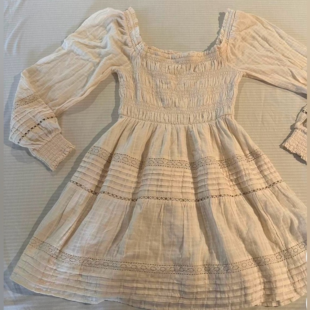AE Long-Sleeve Smocked Scoop Neck Cotton Mini Dress